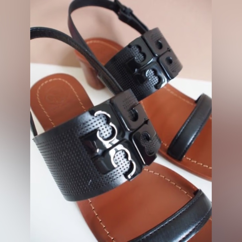Tory Burch Lowell 2 Perforated Leather Heel Black Size 7m.